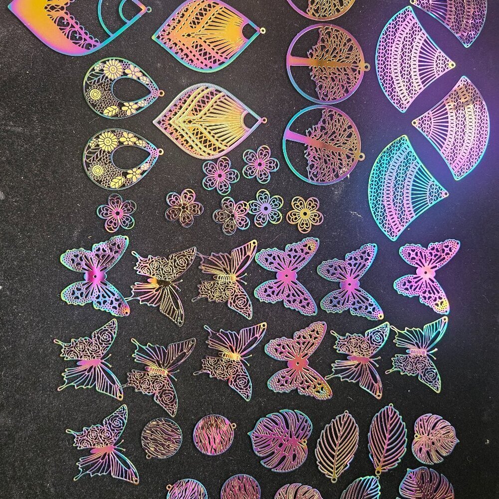 44pc Rainbow Filigree Metal Charms Jewelry Making Lot Butterfly Leaf Tree Charms